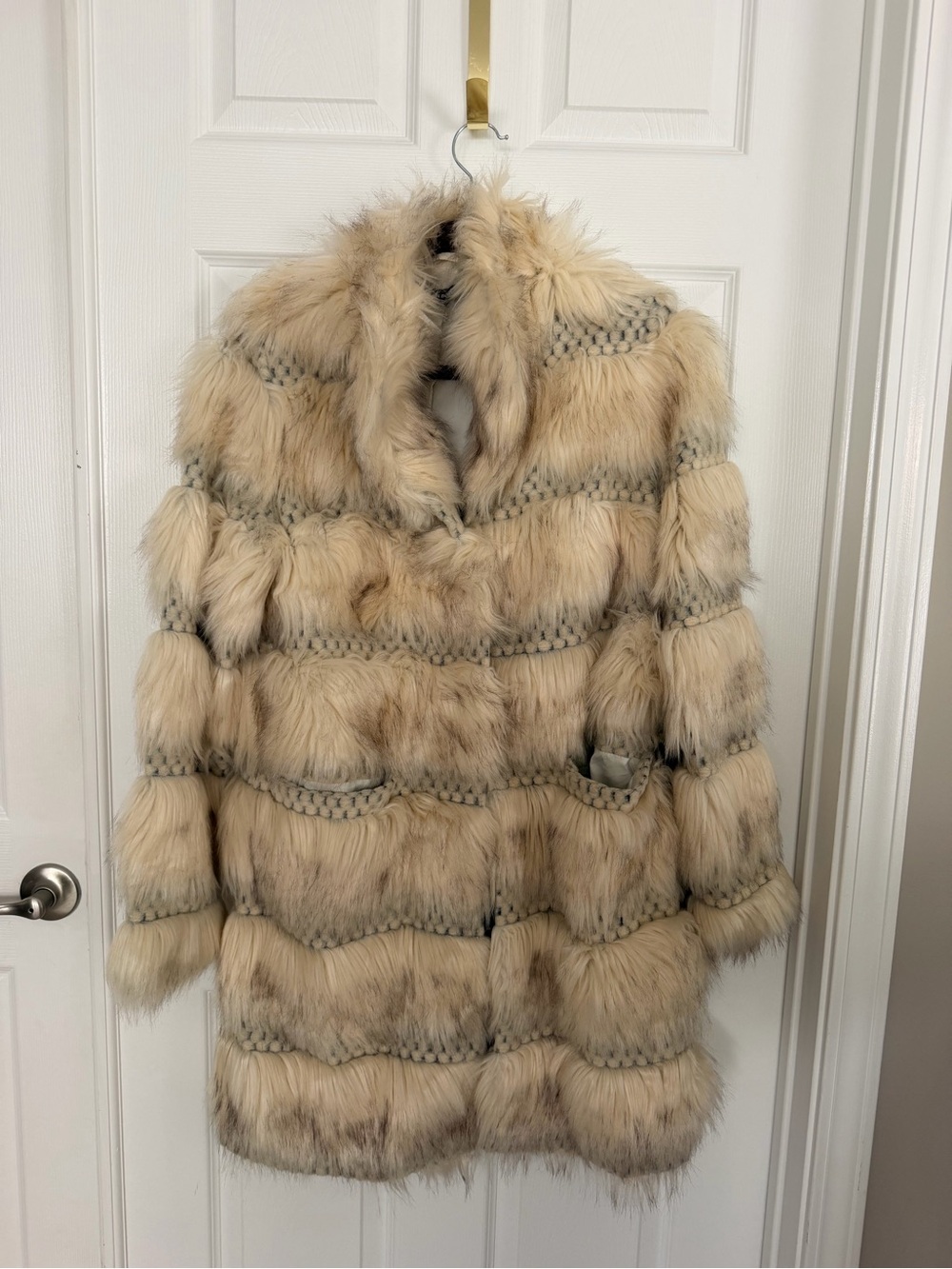 ABS Allen Schwartz Cream-Beige Faux Fur Trench Coat